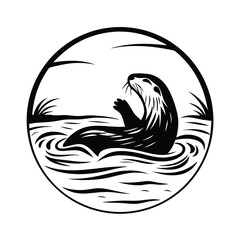 Minimalist Otter in Water Silhouette, Circular with Nature Detail, Black and White