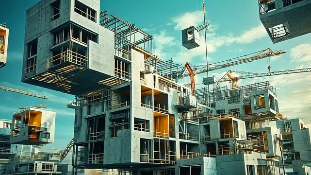 Innovative construction site showcasing floating modular buildings with cranes against a vibrant sky