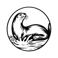 Minimalist Otter Silhouette in Circle Border With Water Splash, Black and White Design