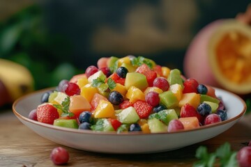 Fruit salad on table with fresh fruits arranged in vibrant colors, Fruit salad on table with fresh fruits  Photo