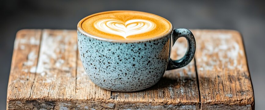 Heart-shaped latte art in a speckled blue mug on rustic wood. Coffee enjoyment, warm beverage