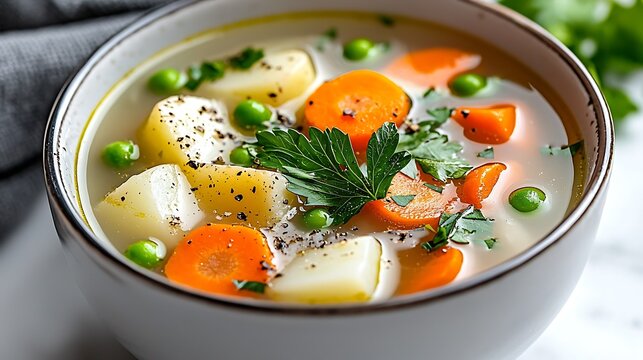 Hearty veggie soup in bowl, close-up. Contains carrots, potatoes, peas, parsley, pepper. A healthy, comforting dish