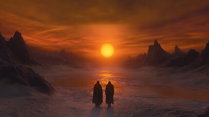 Sunset Silhouette: Two Figures Walking Towards a Serene Alien Landscape