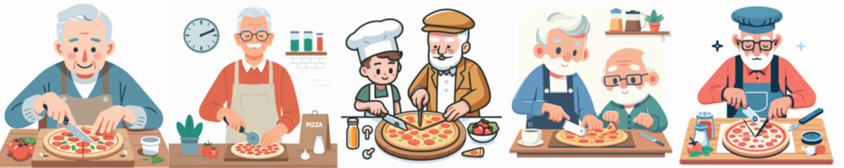a set of vectors of grandfather cutting pizza