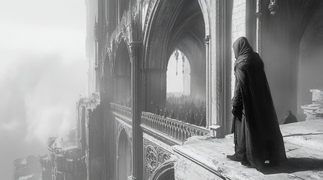 Hooded figure overlooks a gathering on a gothic bridge in a misty, monochrome scene - Powered by Adobe