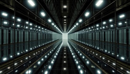 Futuristic dark corridor with glowing lights and glossy reflections