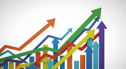 Colorful arrows and bars showing upward trends on a white background
