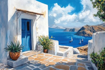 Traditional Greek island architecture with stunning sea view and sailboats in the distance, Greek island traditional architecture sea landscape