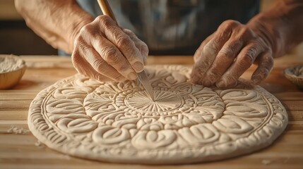 Kneading dough with intricate patterns being crafted by hands.