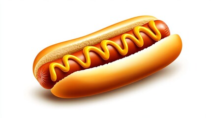 Hotdog is presented with yellow mustard swirls inside a bun on a white background.