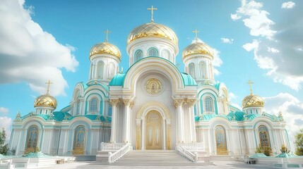 Obraz premium Intricate cathedral with domes under a bright blue sky.