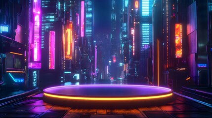 Neon lit futuristic cyberpunk city street with a circular stage platform