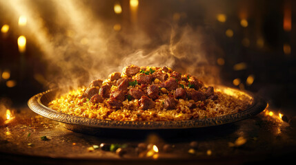 A steaming, golden rice dish topped with meat, illuminated by warm light