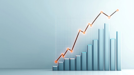 Ascending bar graph with rising line, suggesting financial growth. Blue gradient backdrop