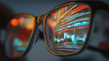 Eyeglasses reflect illuminated data code with blurred background lights