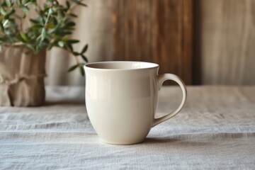 Simple white mug on a textured tablecloth with a plant in the background creating a cozy atmosphere for enjoying warm beverages