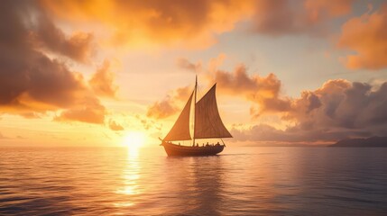 Fototapeta premium Sailboat at sunset on tranquil waters with colorful clouds.