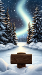 Winter night scene, snow-covered path, aurora borealis, trees, signpost, stars