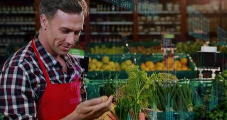 produce clerk examining potato by green bins in grocery aisle, with animated price graph overlay