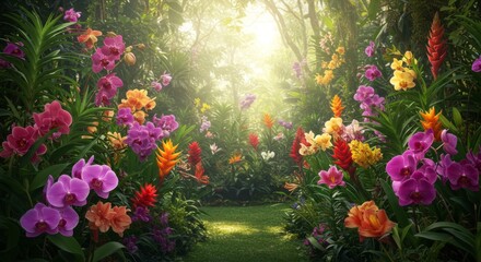 Lush Tropical Garden with Vibrant Orchids and Sunlight