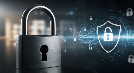 A metallic padlock in focus in front of a blurry background with digital symbols like a shield, binary code, or lock icons, representing cybersecurity and data protection