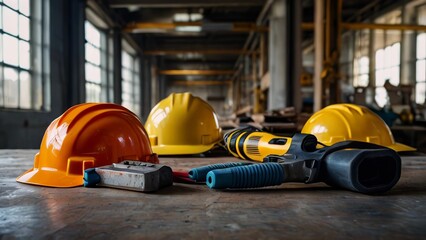 Construction tools and safety helmets resting on table in industrial workshop