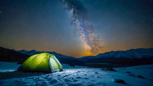 Illuminated tent camping under the milky way in snowy mountains