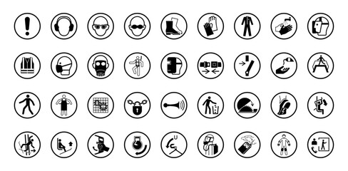 Set of safety signs for personal protective equipment. Black icons include goggles, gloves, helmets, masks, and safety apparel symbols.