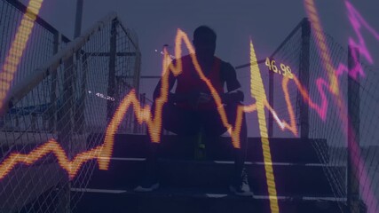 male athlete crouching on outdoor staircase, integrating neon technology graphs displaying trends - Powered by Adobe