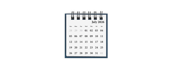 Desktop calendar for July 2026 in white colour. Mini planner for business and finance, spiral view on isolated white background close up.