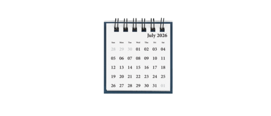 Desktop calendar for July 2026 in white colour. Mini planner for business and finance, spiral view on isolated white background close up.
