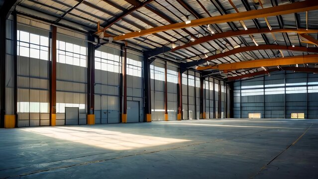 Sunlight illuminating empty warehouse with overhead crane - Powered by Adobe