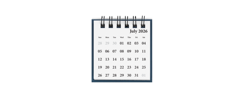 Desktop calendar for July 2026 in white colour. Mini planner for business and finance, spiral view on isolated white background close up.