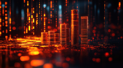 Abstract digital art featuring data columns and matrix rain in fiery orange