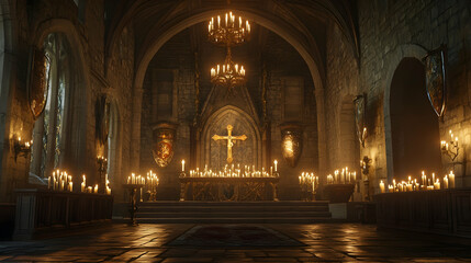 Gothic cathedral interior with candlelit altar and cross