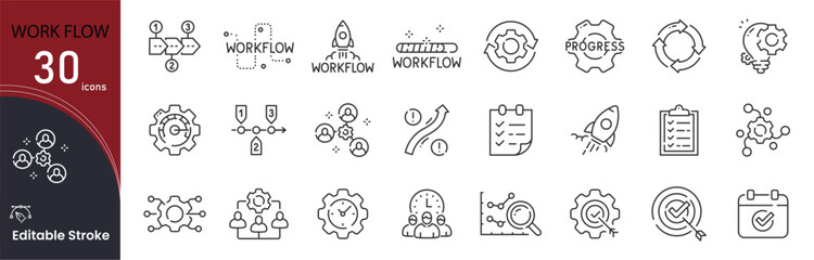 Work Flow related icon collections. Containing Workflow, Process, Task, Schedule, Timeline, Plan, Step, Operation, System, and Progress icons. Editable Stroke icon collection Outline icon Thin Line ic