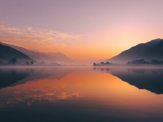 Naklejka premium Tranquil Foggy Lake at Sunrise with Mountains in Background and Soft Color Palette of Orange, Purple, and Pink Reflecting on Water Surface