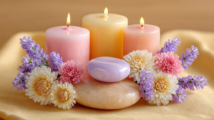 Candles, flowers, and stones form a serene, calming scene. Soft colors and light create tranquility