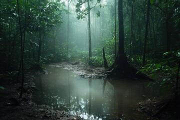 Fototapeta premium Evaporation process in a humid tropical forest during the monsoon season, Evaporation in humid tropical forest during monsoon rain season Timelapse Photo