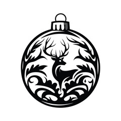 Monochrome Deer Silhouette Ornament with Branching Foliage, Round Shape, Minimalist