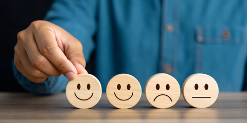 Customer satisfaction concept hand choosing happy face feedback survey