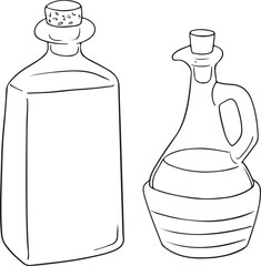 Two vintage-style bottles, one square with a cork and the other with a handle and stopper, likely for oil, vinegar, or other liquids. Simple outline vector illustration.