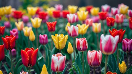 A vibrant field of colorful tulips in full bloom creating a picturesque and cheerful spring landscape