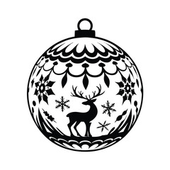Monochrome Bauble Black Deer Silhouette, Snowflakes, White Background, Round Ornament