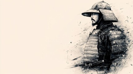Ink portrait of a stoic samurai warrior, side profile, in traditional armor