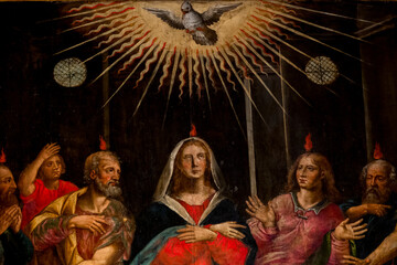 Painting (19th century) of Pentecost Sunday: The Holy Spirit Comes and descending on disciples as...