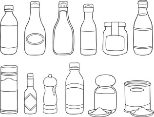 Variety of kitchen condiments and ingredients in bottles, jars, and containers. Outline vector illustration for culinary and food-related designs.