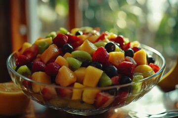 Fresh fruit salad in a clear bowl displayed on a sunny table, Fruit salad on table with fresh fruits  Photo