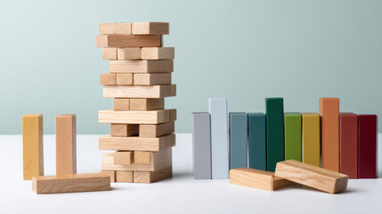 Wooden block tower and colorful blocks arranged on a white surface, a close-up