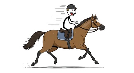 A whimsical cartoon illustration of a stick figure joyfully riding a horse